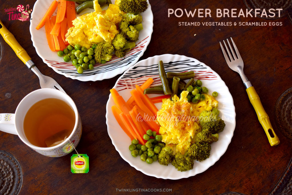 Power Breakfast Recipe: Steamed vegetables Broccoli, Beans, Carrots and scrambled eggs 